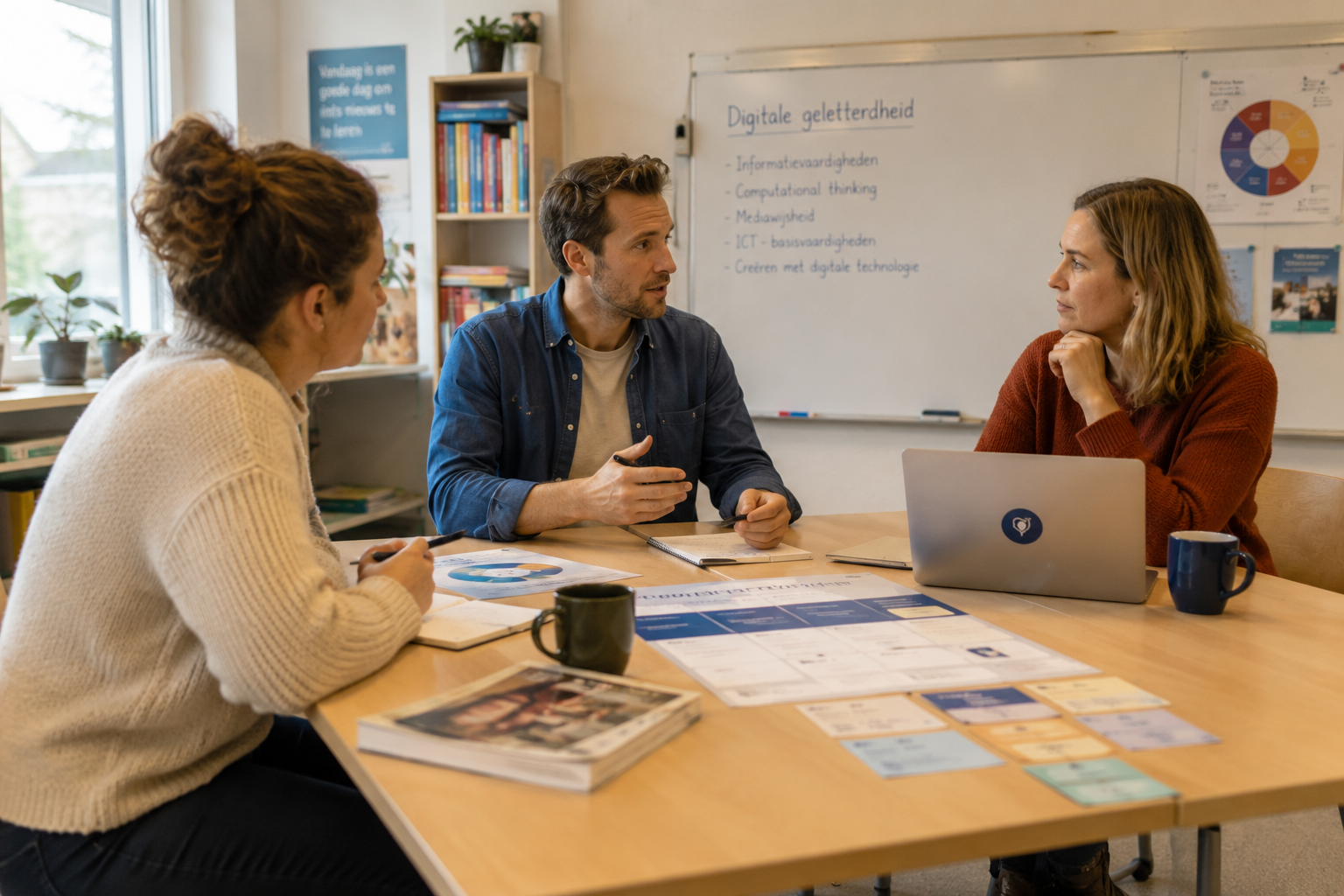 Rustig gesprek aan tafel in de schoolomgeving